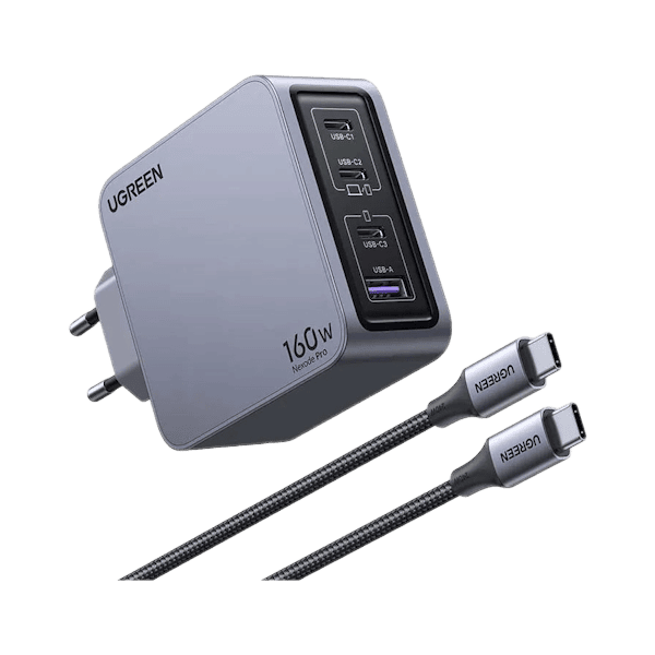 شارژر دیواری 160 وات Nexode Pro سه پورت USB-C و یک پورت USB-A یوگرین مدل X763 کد 25877 همراه با کابل 4 آمپر USB-C به طول 1.5 متر